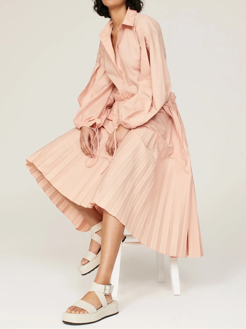 Bibhu Mohapatra Pleated Midi Shirt Dress Long Sleeve Soft Pink Ruffle